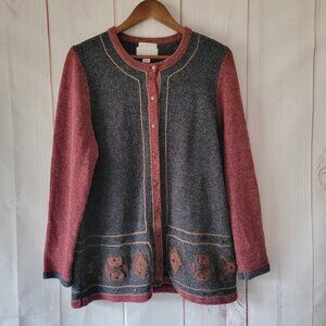 Vintage CJ Banks Women’s 1X Button-down Cardigan, Hand Embroidered, Maroon/Gray